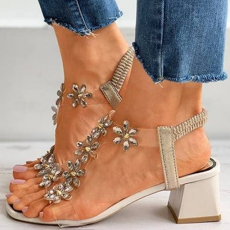 

Dpityserensio Women s Bohemia-Style Flower Crystal Square Heel Slip On Beach Sandals Shoes Summer Women Sandals Clearance Beige 7(39)