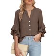 thumbnail image 5 of Only Moment Womens Tops Long Sleeve V Neck Ruffle Sleeves Cotton and Linen/Wash Water Wrinkled Cloth with Oversized Collar Slim Fit Blouse Elegant Stand Out Lapel Top Brown,XL, 5 of 9