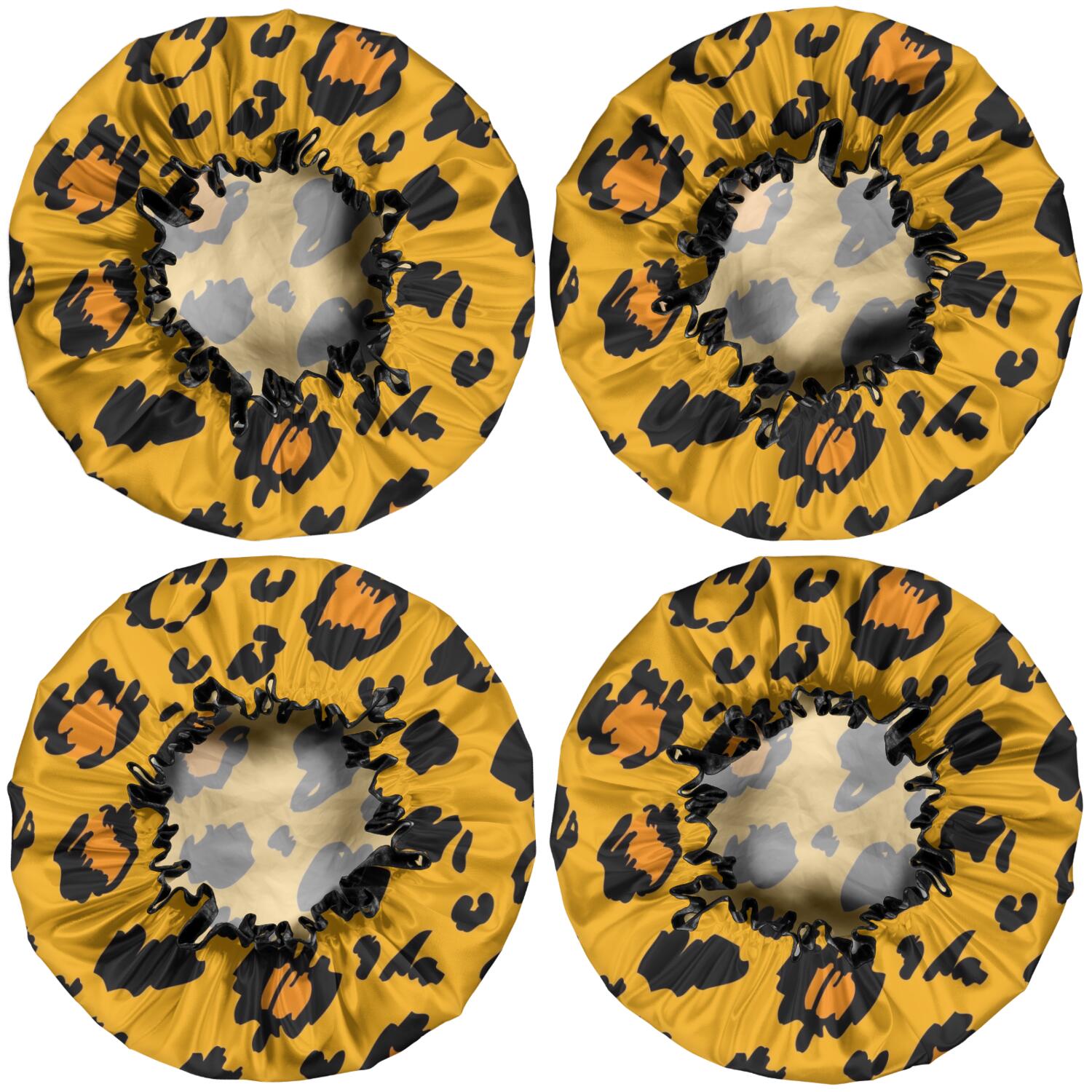 Shower Caps,Yellow and Black Of Leopard Print Waterproof Shower Cap for Women 4 Pieces,Double Reusable Hair Cover for Shower PEVA Elastic Stretch Hem
