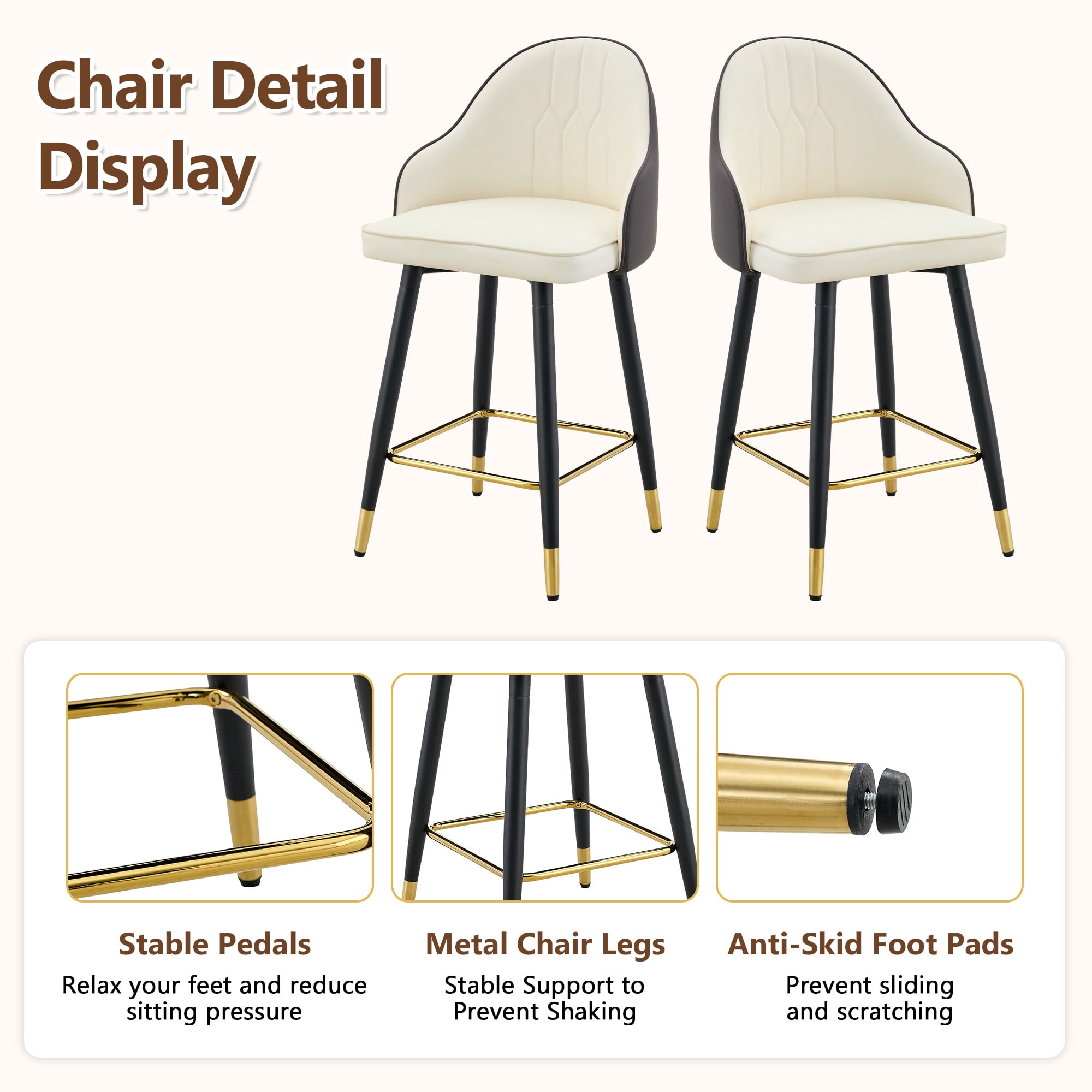 Mintazer Modern Bar Stools Set of 2, Waterproof PU Leather Bar Stool with Backrest & Gold Accent Footrest, Counter Height Bar Chairs for Kitchen Island, Black & White