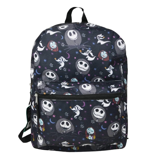 mochila fast forward nightmare before christmas 16" negra con estampado completo de personajes, vista frontal centrada de mochila escolar 16" con bolsillo organizador frontal con cierre, tirantes ajustables y asa superior; tamaño 12 x 5 x 16 pulgadas. A menudo usada como mochila escolar para libros y papelería.