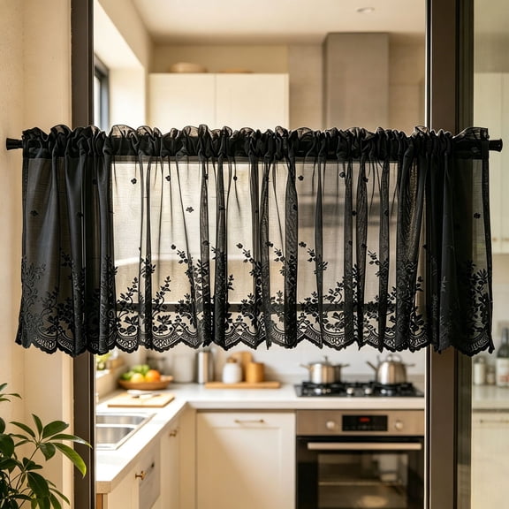 XmhyTop-A Short Curtain Valance, Boho Lace Valance, Farmhouse‑Style Window Valance, Decorative Polyester Window Curtain Topper for Kitchen, Living Room, Cafe, Bathroom, 74*90cm, 1‑Pack,Black