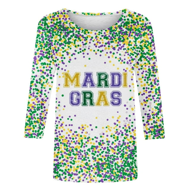Qetyuw Chemise à Manches 3/4 pour Femmes Chemises Mardi Gras pour Femmes T-Shirt Décontracté de Vacances Col Rond T-Shirt de Fête Carnaval