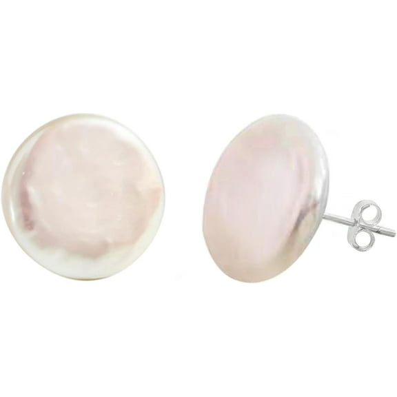 925 Sterling Silver 14mm Freshwater Cultured Coin Pearl Stud Earrings of Women Simple Elegant Jewelry Gift