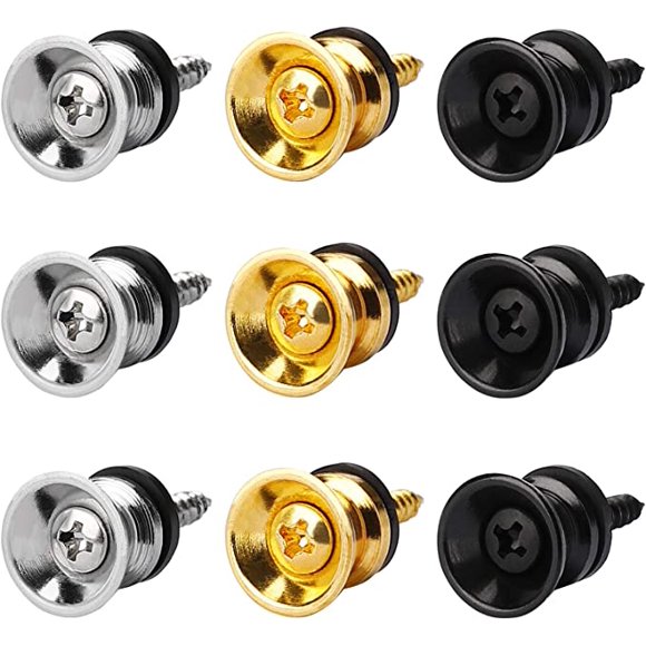 Guitar Strap Buckle End Pin Metal Guitar Strap Lock Pin with Mounting Screw and Rubber Pad, 9-Pack (Gold, Silver, Black)