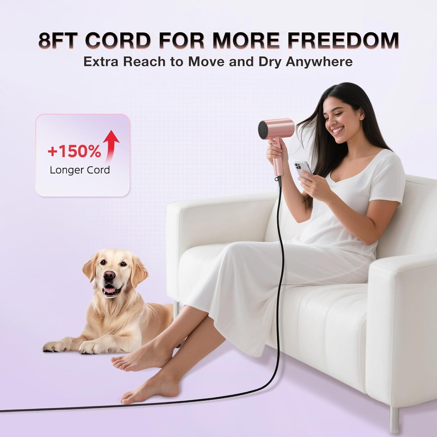 BABONIR Ionic Negative Ion Hair Dryer with Diffuser, 1875W Fast Drying, 3 Heat 2 Speed, Foldable Compact for Women Travel & Gift, Pink