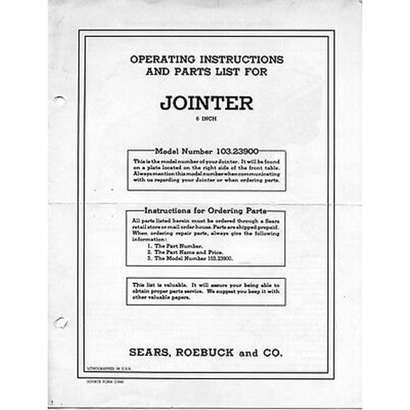 1950 Craftsman 103.23900 6-1/8" Jointer Operating Instructions and Parts List REPRINT