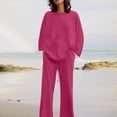 thumbnail image 4 of Lounge Fall Outfits Womens Loose Long Sleeve Round Neck Tops and Wide Leg Pants 2 Piece Linen Sets Plus Size Clothes (2XL, Hot Pink), 4 of 7