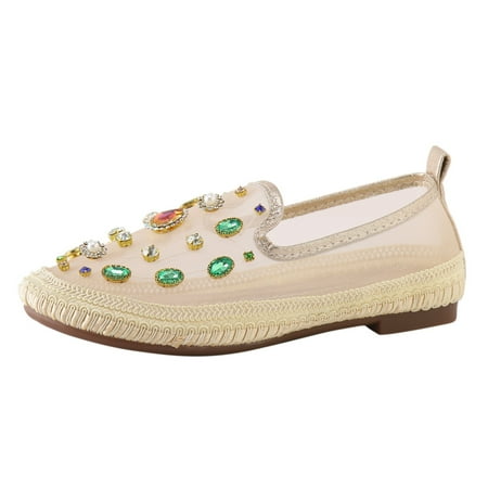

Fauean Slip on Shoes Women Fashionable Flat Bottom Breathable Mesh Soft Sole Diamond Shoes Gold Size 39
