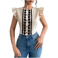 thumbnail image 2 of Womens Blouses Women's Tops, Tees & Blouses Women's Embroidered Blouses Short Sleeved Button Round Neck Fashionable Top Beige S, 2 of 5