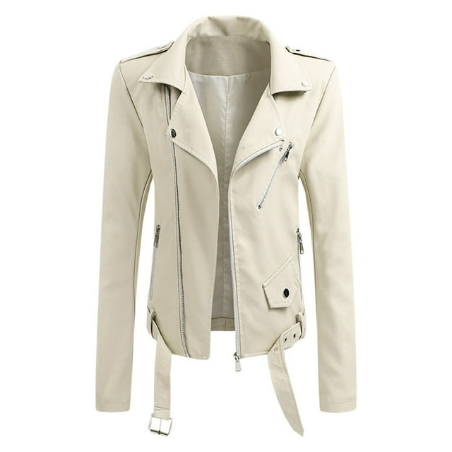 IROINID Women's Leisure Short Jacket Notch Lapel Solid Color Motorcycle Long Sleeve Outwear, White