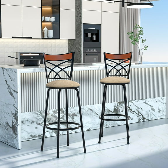 VECELO 2-Piece Bar Stools, Adjustable-Height Kitchen Counter Barstool with Double X Back and Upholstered Seat, Set of 2, Brown
