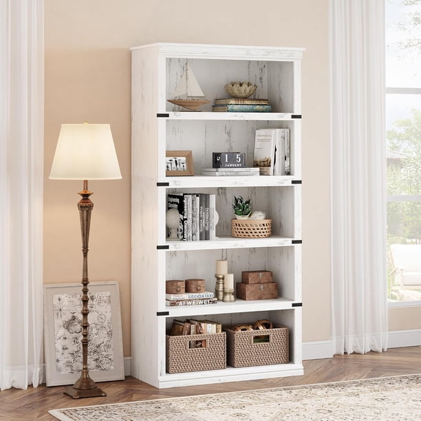 Historyli Estantería de 5 Niveles,Librería Estilo Rústico,Estante Alto de 67.4" (171 cm) con Almacenamiento,Estantes de Madera para Sala de Estar,Oficina en Casa - Marrón,Blanco Antiguo