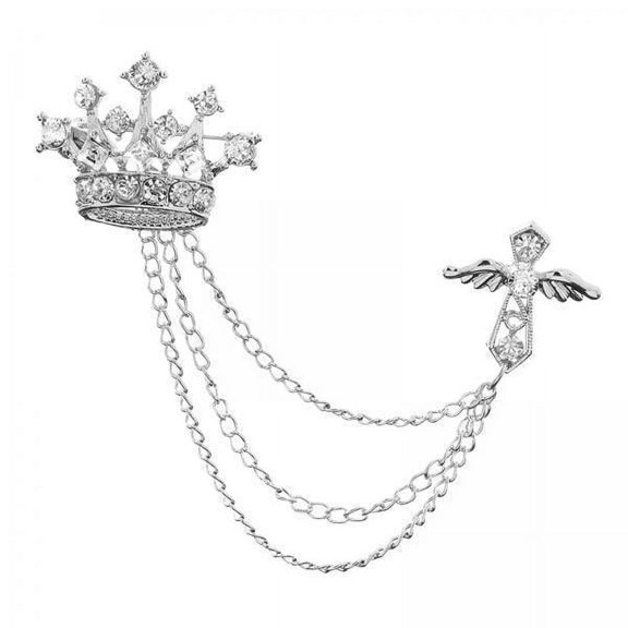 Milageto 2x Men's Crown Brooch Hanging Chains Lapel Pin Accessories Jewelry Rhinestone Fashion for Scarf Hat Dress Tie Boyfriend Father Birthday Gift , Argent