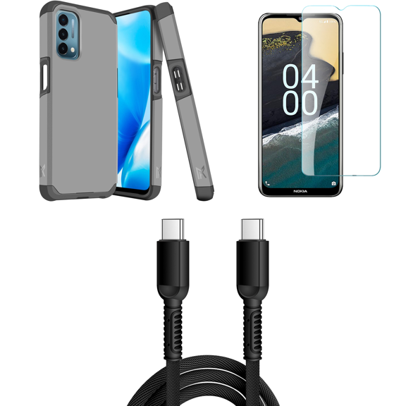 MK Dual Layer Slim Case for Nokia G310 5G Bundle with Glass Screen Protector, 30W USB-C to USB-C Charging Sync USB Cable - 6 Foot - Charcoal Grey