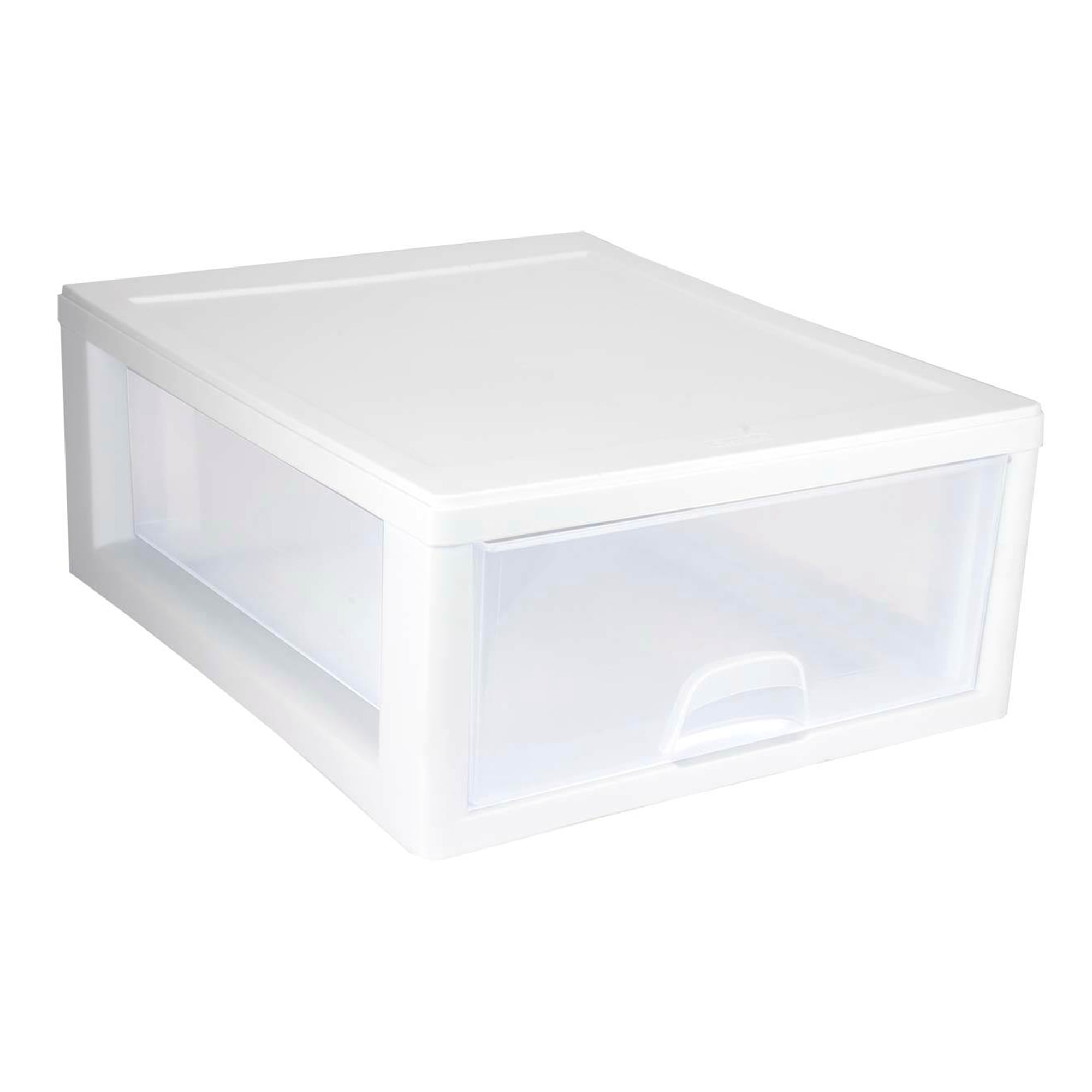 Sterilite 27 Quart Clear & White Plastic Storage Bin with One Drawer, 16 Pack