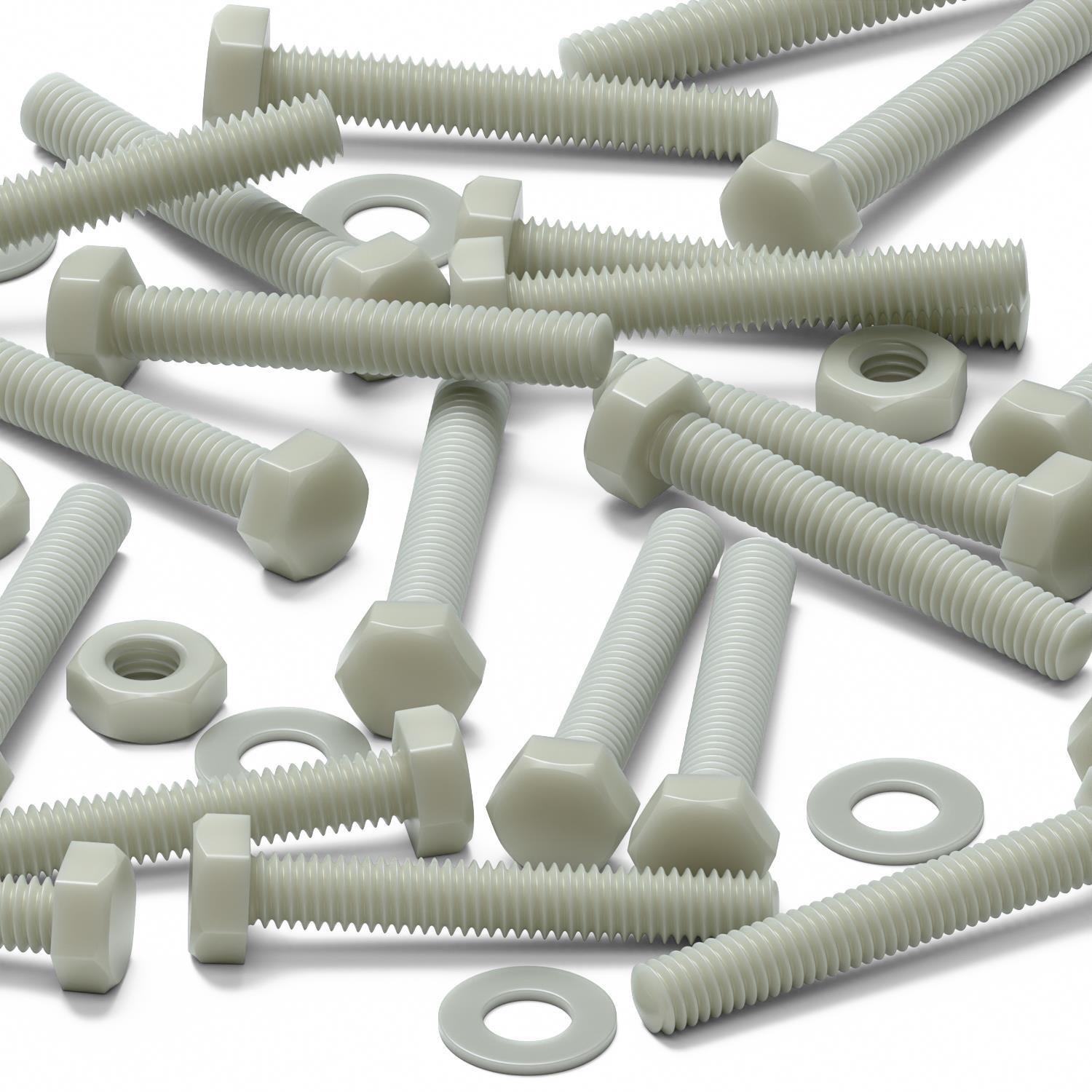 50 x Glass Filled Reinforced, Super Nylon Hex Head, M3 x 20mm, Machine Screws, Plastic Nuts and Bolts, Washers, (3/32 x 25/32 in)