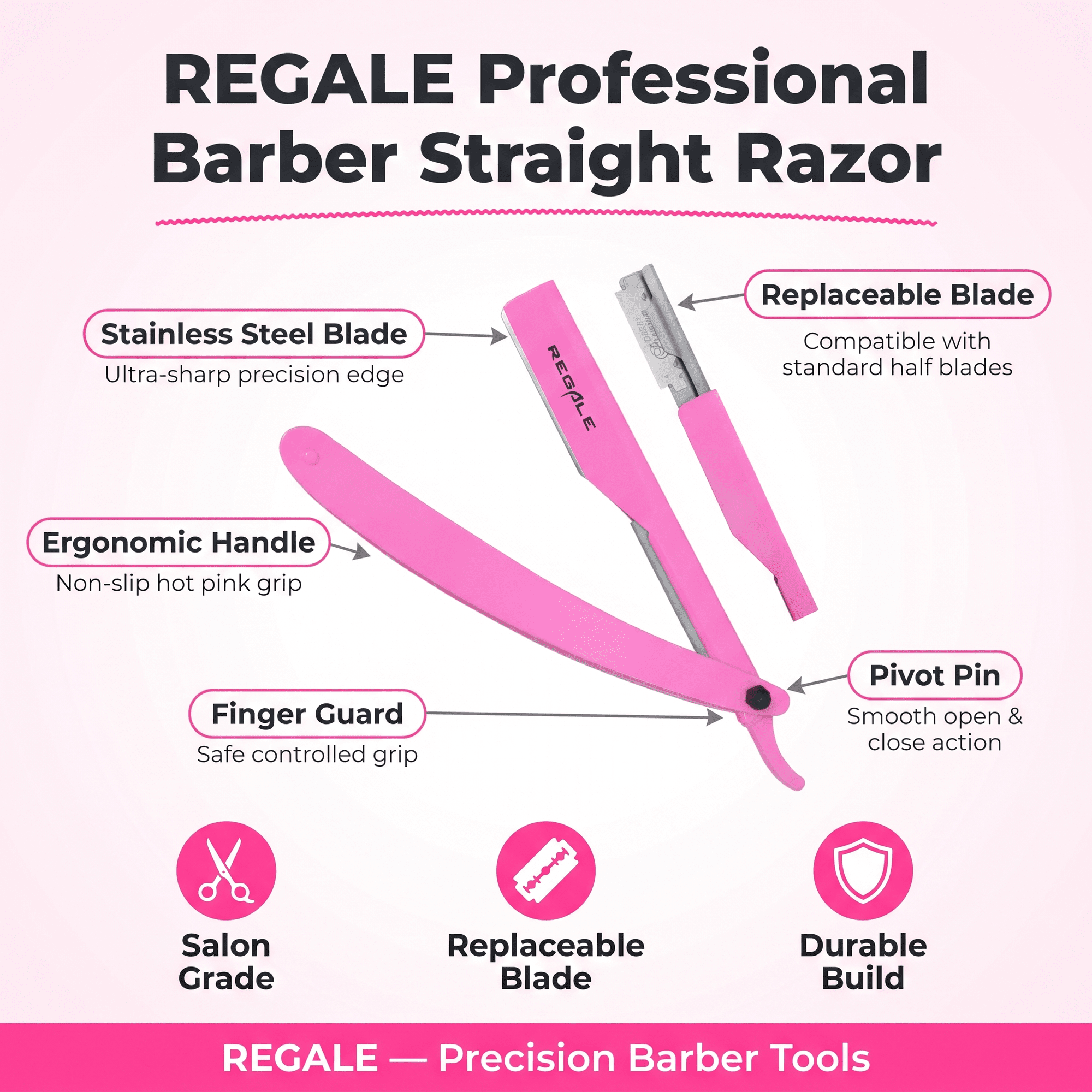 REGALE Professional Straight Razor Pink - Barber Shavette with Replaceable Blades, Classic Stainless Steel Barbero Shaver for a Smooth & Precise Shave, Premium Barber Razor for Men's Shaving