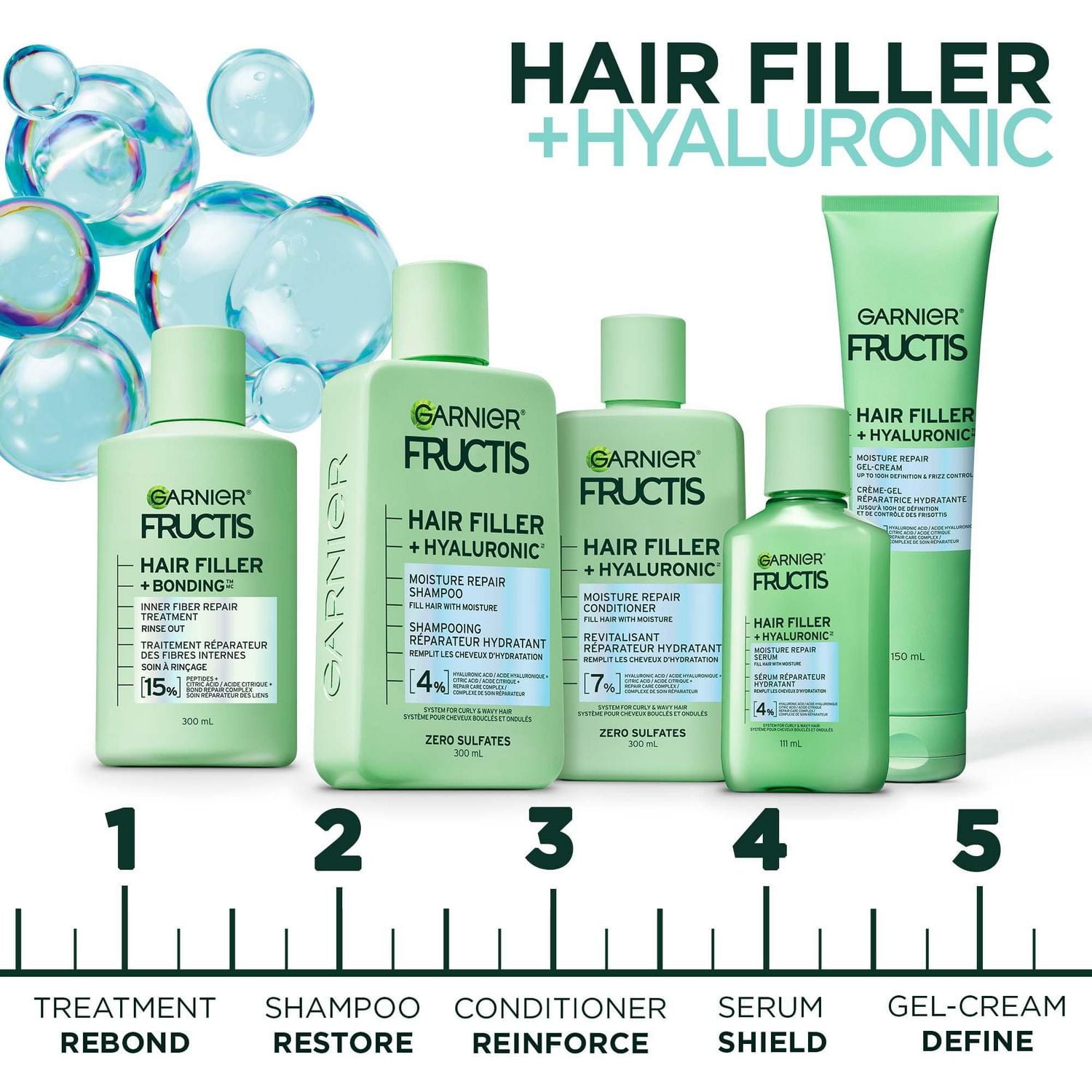 Garnier Fructis Hair Fillers + Acide Hyaluronique Sérum Sans Sulfates Réparateur Hydratant, pour Cheveux Bouclés & Ondulés, jusqu'à 15X plus Humides & 100 heures de Contrôle des Frisottis, 111ml Hydrate les cheveux bouclés