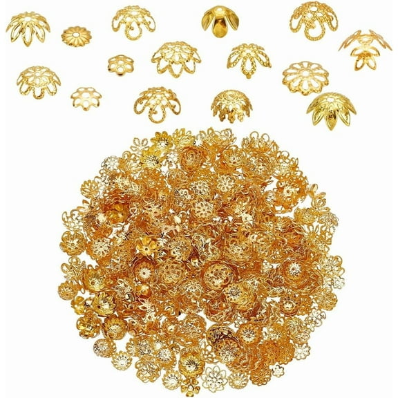 750pcs 15 Styles Golden Bead Caps Flower Spacer End Caps Hollow Flower Beads Cap Gold Metal Filigree Bead End Caps