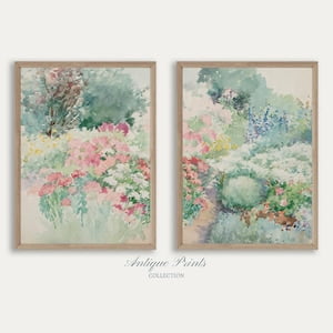 Spring 2 Pieces Wall Art, Vintage Floral Landscape Set of 2 Split Print, Watercolor Neutral Summer Painting, Nursery Decor, Poster Only