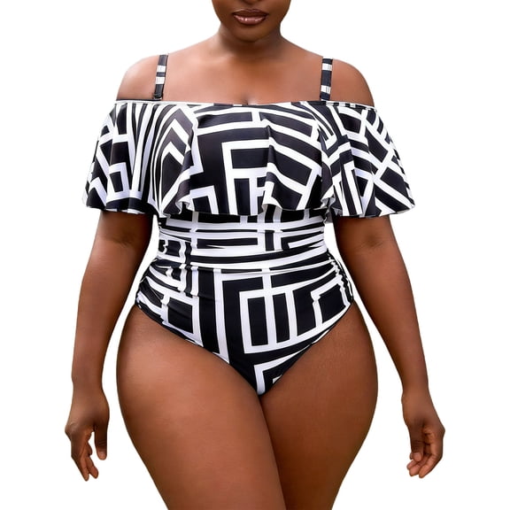 Sokhug Womens Plus Size One Piece Swimsuit Off Shoulder Ruffle Trim Geometric Print Tummy Control Ruched Bathing Suit Modest Swimwear