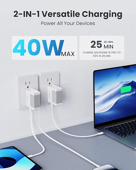 Gitryin Portable USB C Charger Block, Retractable Wall Charger, 40W PD Fast Charging Block with 33.5in Type-C Cable, Power Adapter with Foldable Plug for iPhone 16/15, Galaxy S23 22, White