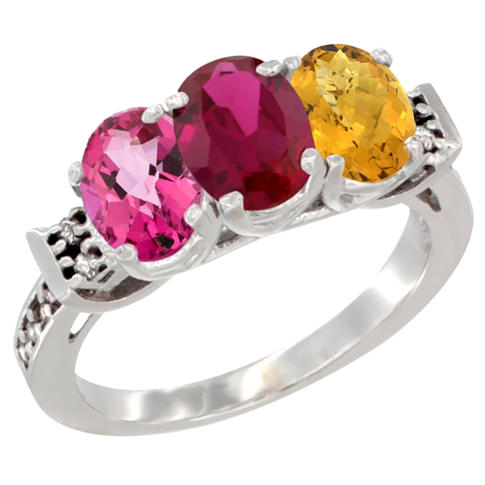 10K White Gold Natural Pink Topaz, Enhanced Ruby & Natural Whisky Quartz Ring 3-Stone Oval 7x5 mm Diamond Accent, sizes... by WorldJewels