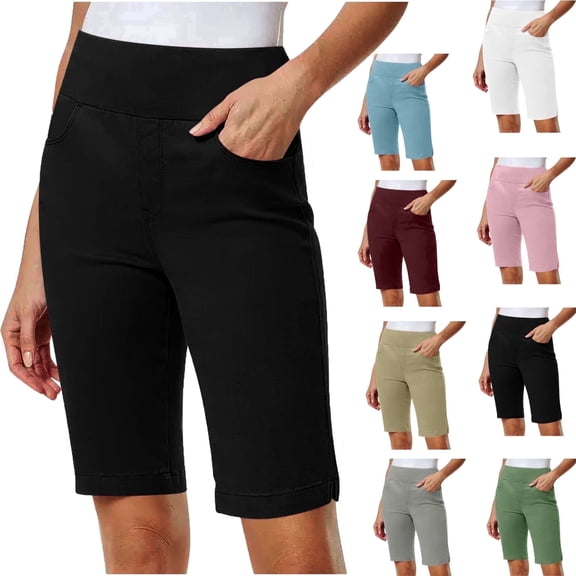 Elvqul Elastic Waist Shorts for Women Mid Rise Loune Shorts Pockets Pull On Quick Dry Solid Casual Dreesy Womens Bermuda Shorts Summer