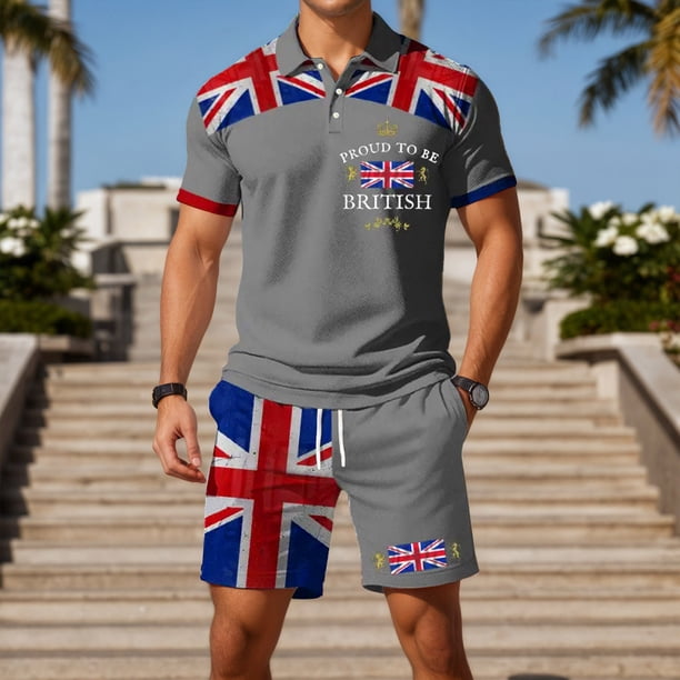 WILLBEST Pantalones Cortos Casuales para Hombre, con Bandera Europea y Británica, de Manga Corta, con Botones, Holgados y Cómodos, para Negocios Urbanos, Conjunto de Dos Piezas