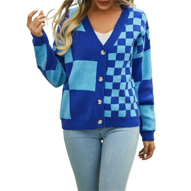 Cárdigan de Larga con Botones y Cuadros en Bloques de Color para Mujer, Suéteres de Punto A Cuadros, Ropa Y2K Azul S