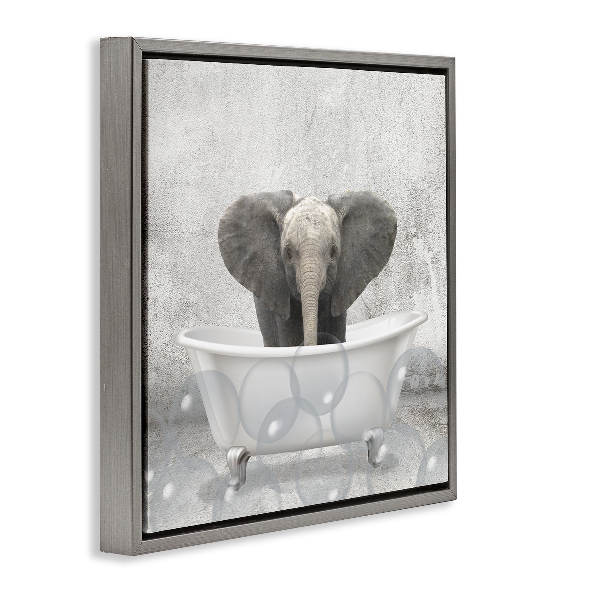 Stupell Industries Baby Elephant Bath Time Animals & Insects Painting Gray Floater Framed Canvas Art Print Wall Art, 18 x 18