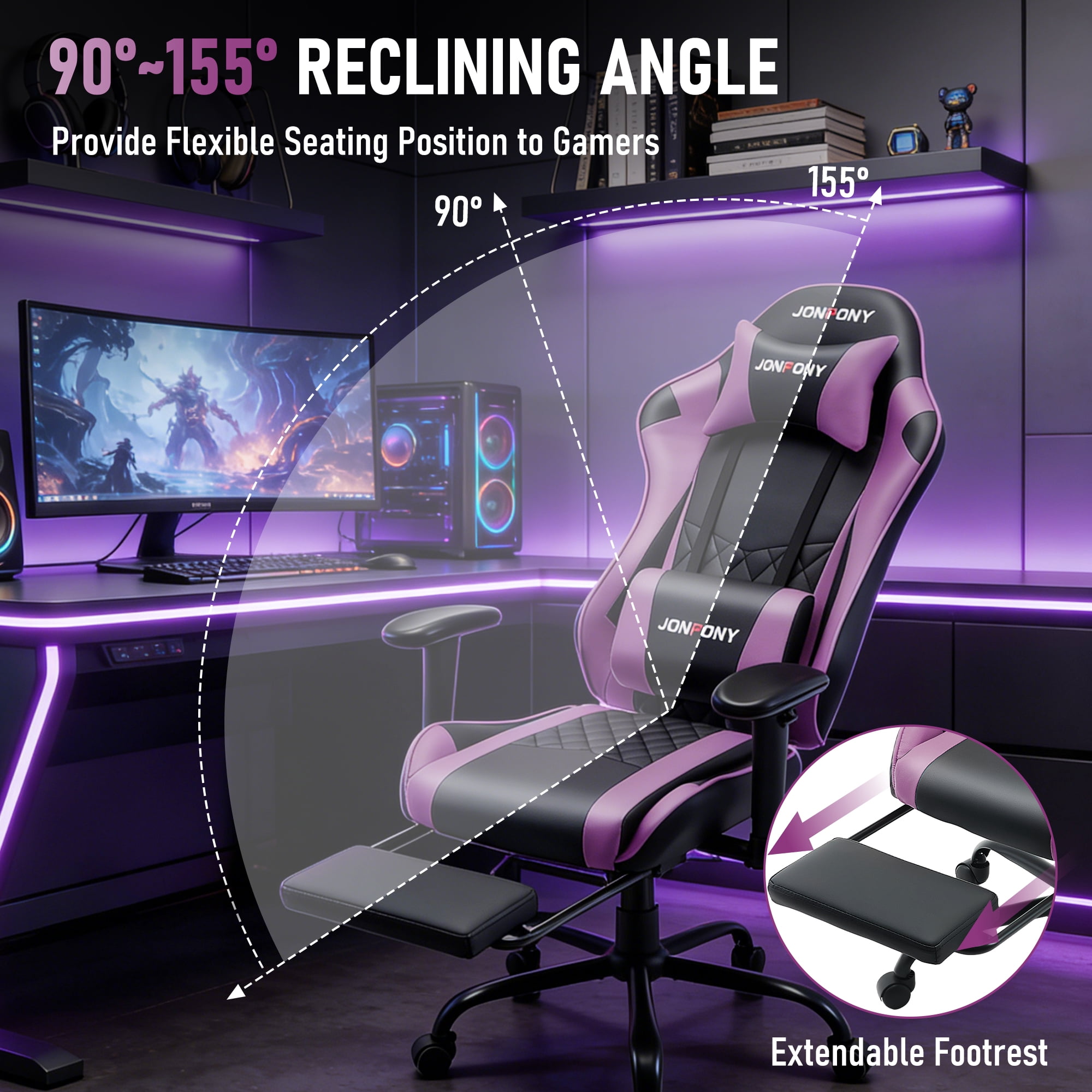 JONPONY Big and Tall 500LBS Gaming Chair, Ergonomic Design with 2D Armrests,PU Leather with Footrest and Lumbar Support, High Back Office Chair Support 8 Hours Long Sitting, Computer Chair,Purple