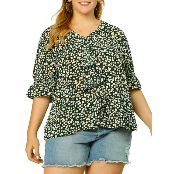 Agnes Orinda Women's Plus Size Ruffle V Neck Smocked Sleeves Top Blouse