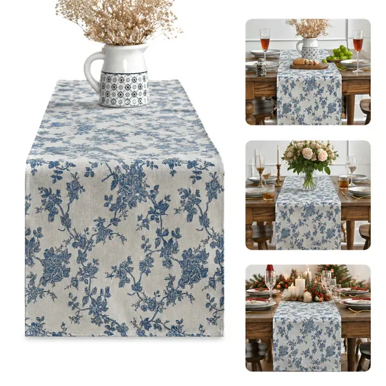 Monochrome Sketch Branch Toile Textures Chinoiserie Cotton Dark Grey Table Runner, Retro Vintage Decorative Table Runner for Kitchen Dining Table Home Party Decoration