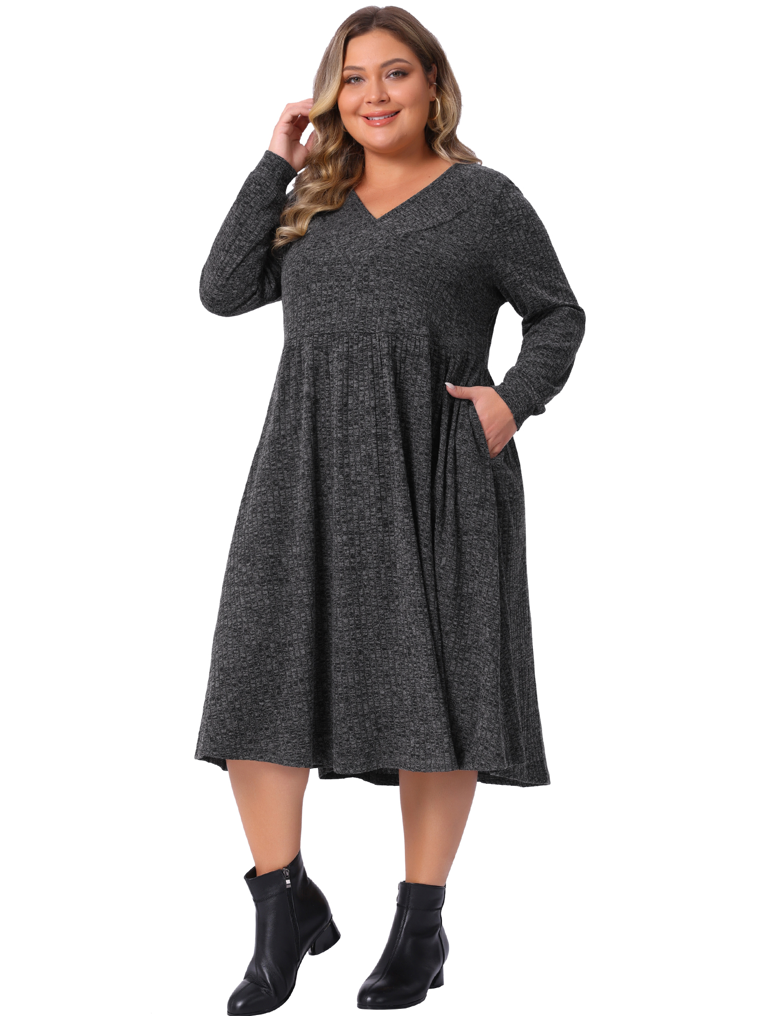 DARING DIVA Plus Size V Neck Long Sleeve Ribbed Knit A Line Dress 2X Dark Gray