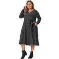 thumbnail image 3 of DARING DIVA Plus Size V Neck Long Sleeve Ribbed Knit A Line Dress 1X Dark Gray, 3 of 6