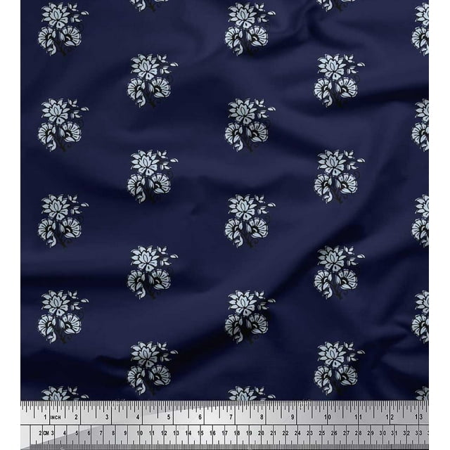 Soimoi Japan Crepe Satin Fabric Floral Block Print Fabric by Yard 42 Inch Wide