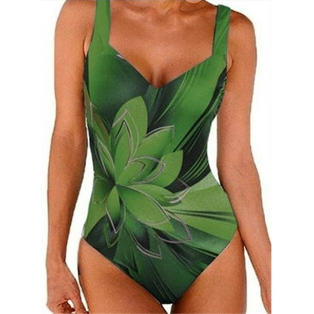 BEFOKA Swimming Suits for Women Sexy Bikini Print Splicing Swimwear  One-piece Swimsuit Beachwear Green XXL 