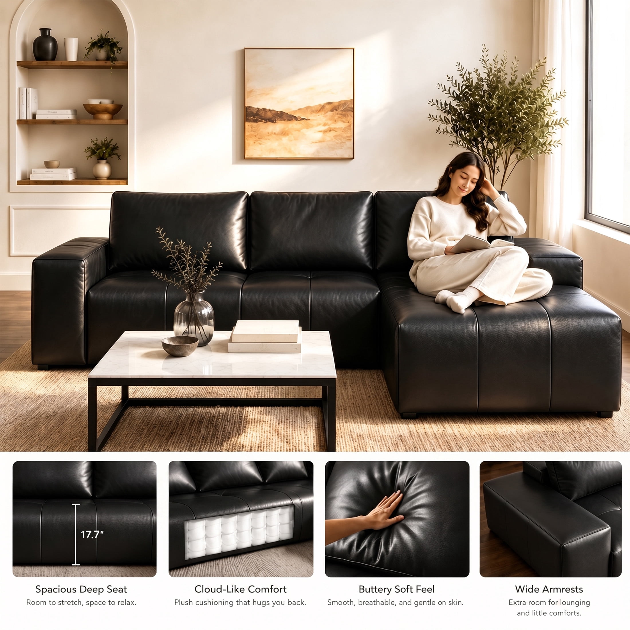 Aenkyo 114" Faux Leather L-Shaped Sectional Sofa with Right Hand Chaise, Boneless Modular Couch, Black