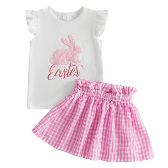 Girls Summer Outfit Easter Clothes Rabbit Embroidery Sleeveless Top Plaid Skirt Two Piece Set