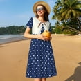 thumbnail image 4 of Picia Vintage Blue Polka-dot Pattern Women's Short Sleeve Summer Dress Pleated Loose Swing Knee Length Short Sleeve Swing Dresses, 4 of 6
