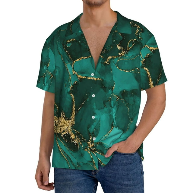 Balery Green Gold Glitter Camisa Casual de Manga Corta con Botones para Hombre, Texturizada, Estilo Cubano, para Playa, Verano-XX-Large