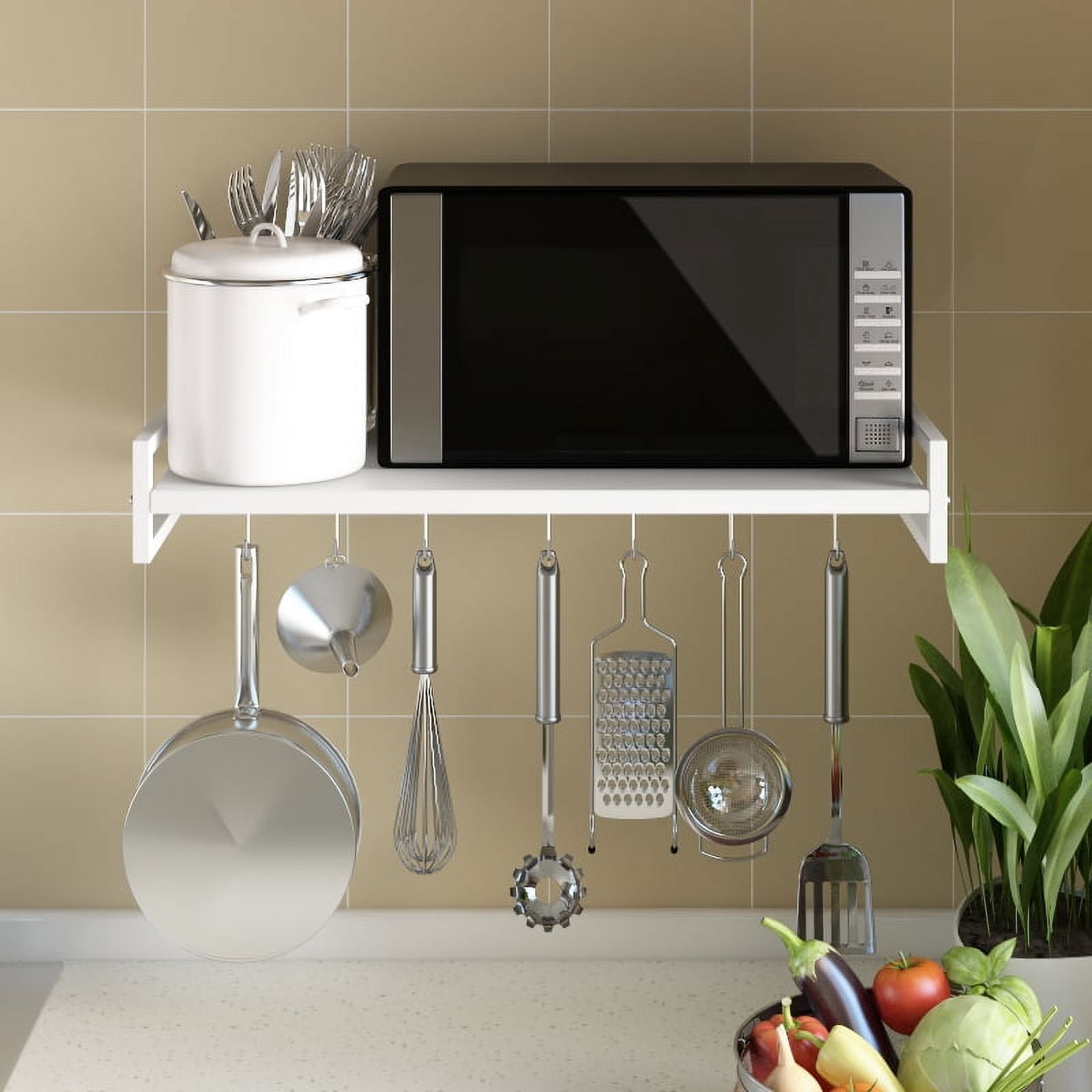 ABCOOL Wall Mount Microwave Oven Shelf Rack White Carbon Steel with Hook Rail and 3 Slidable Hooks