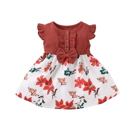 

KIMI BEAR Infant Girls Dress 12 Months Infant Girls Summer Dress 24 Months Infant Girls Sweet Floral Print Stitching Sleeveless Dress Red