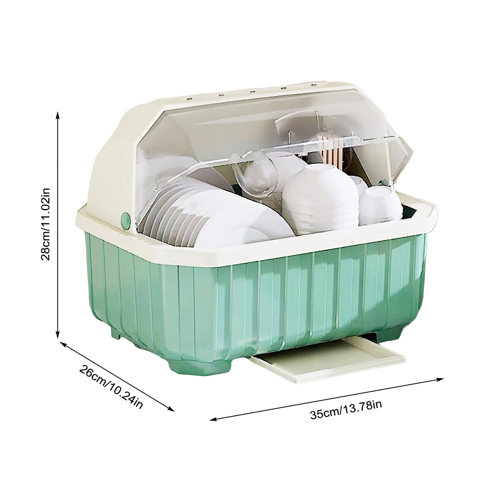 Medium Size Dish Drying Rack and Drain Board with Lid Cover,13.7" x 10.2" x 11",Kitchen Plate Cup Tray Cutlery Drainer(Light Green)