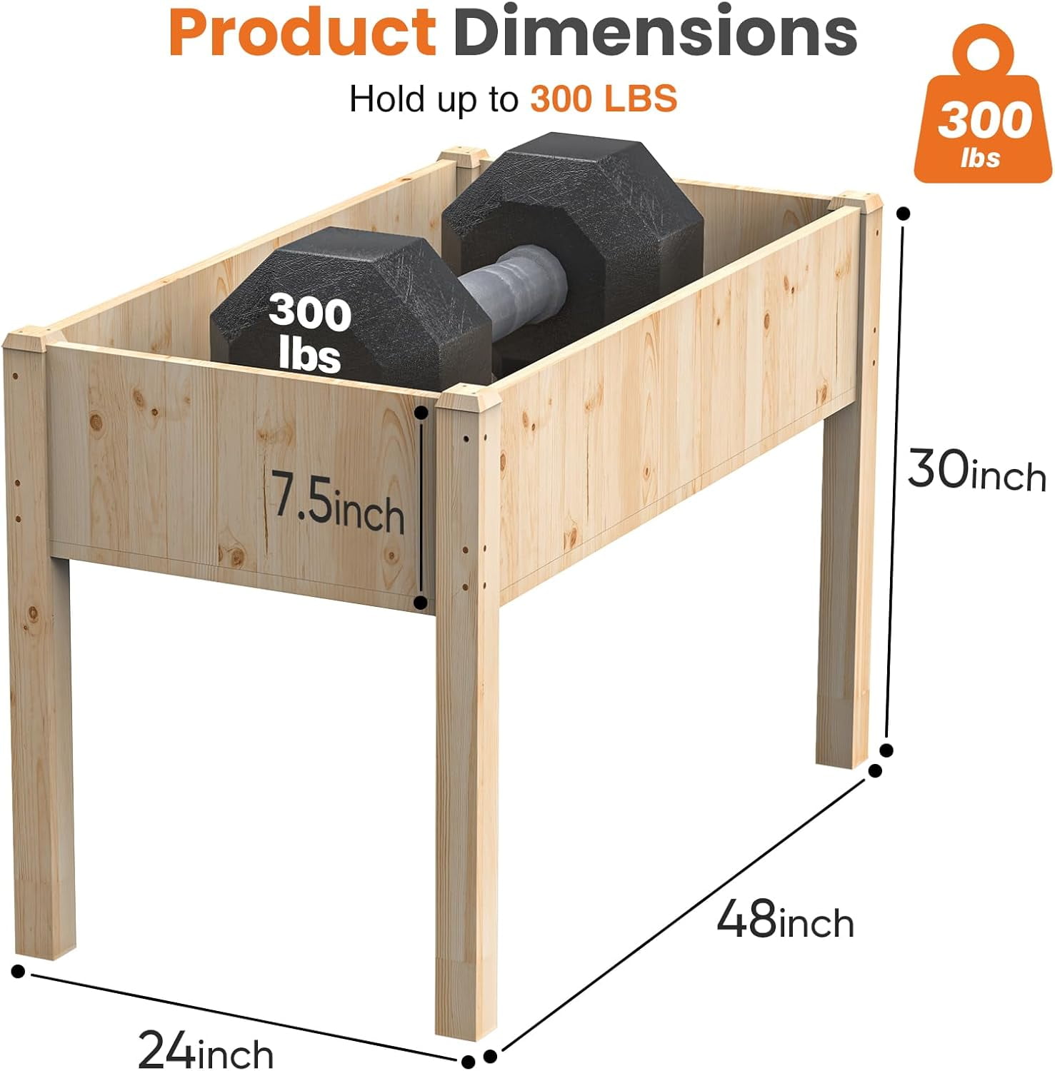 Raised Garden Bed, 48x 24x 30 Inch Natural Wood Gardening Elevated Planter Box, Large Load-bearing, Wood