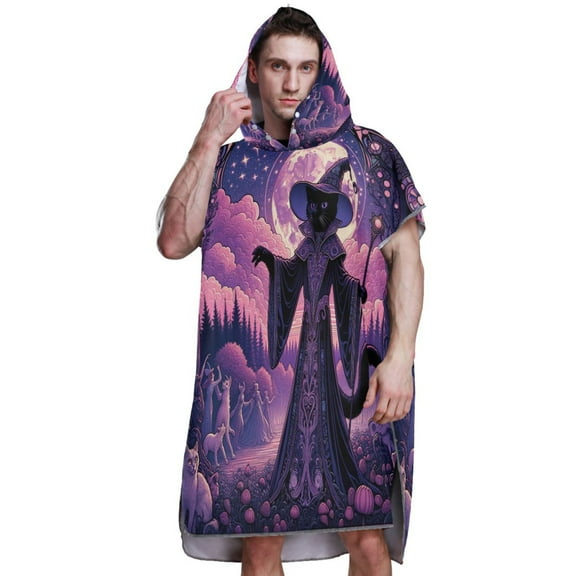 Hooded Beach Towel Adult Bath Poncho Towels Soft Absorbent Quick Dry for Surf Swim Pool Men Women Teens Wizard Cat with Moon