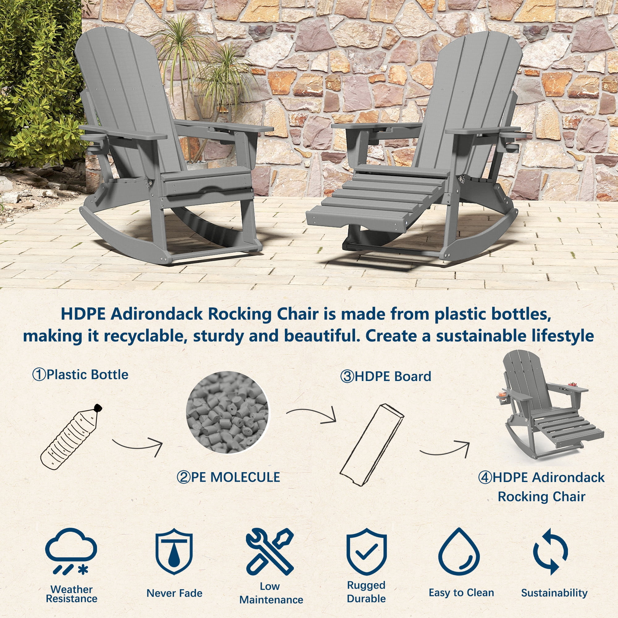 FOOWIN HDPE Plastic Rocking Adirondack Chair, Folding Rocking Chairs for Patio Porch Rocker Chair, Light Gray