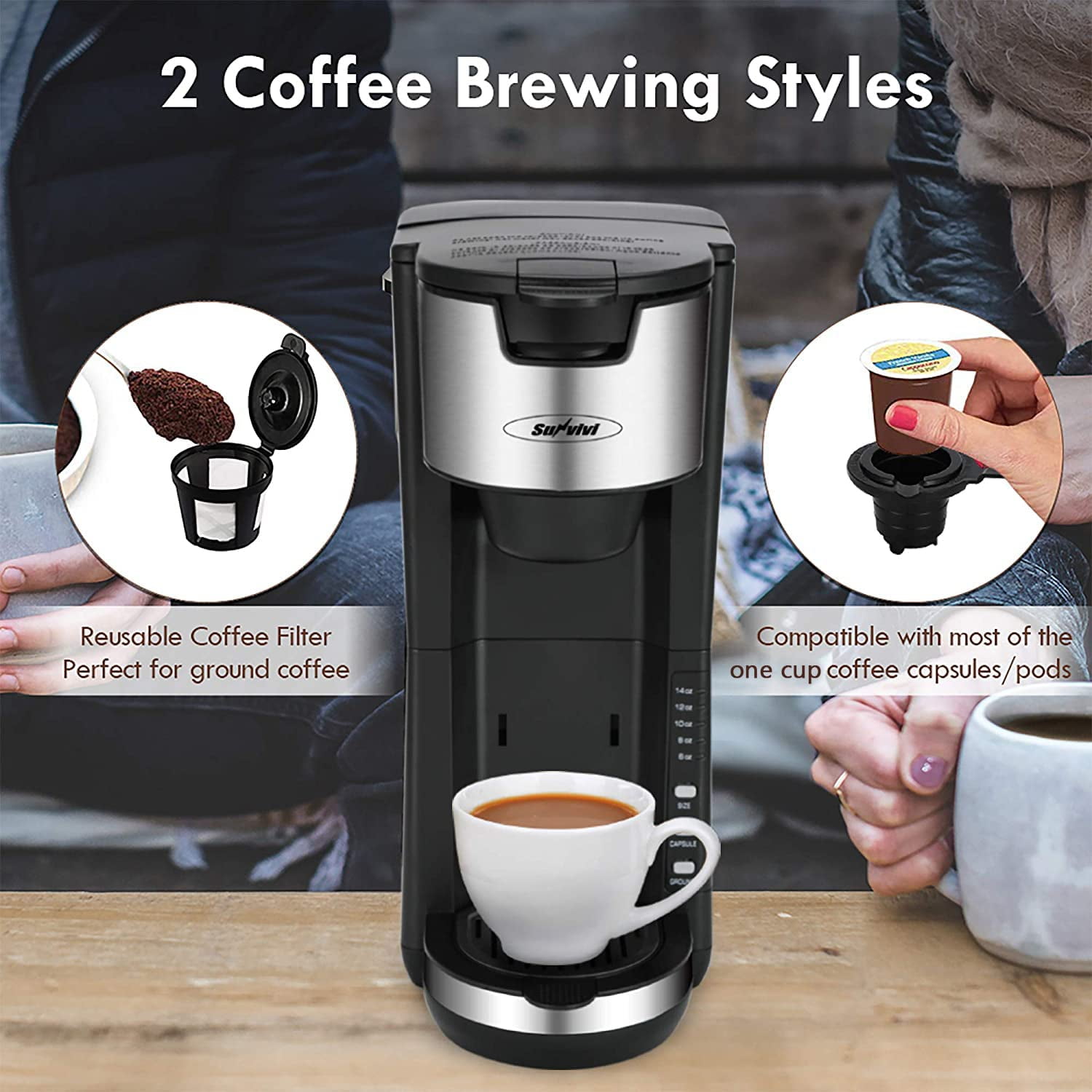 Superjoe Single Serve Coffee Maker for Single Cup Pod & Coffee Ground,  Compact Coffee Brewer with 6 to 14 oz Brew Sizes, Black Coffee Machine with